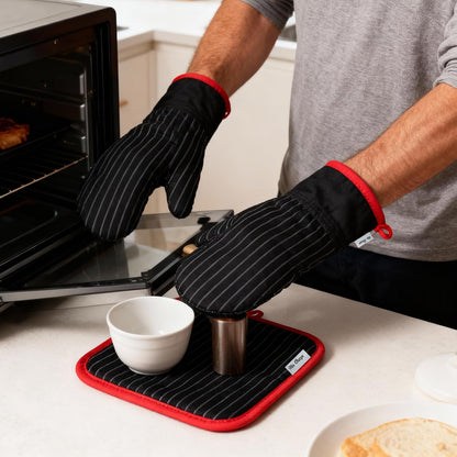 Oven Mitts and Pot Holders Sets,6 Pcs Oven Mitts and Potholders with Recycled Cotton High Heat Resistant Extra Thick Long Oven Mitts for Cooking(Black)