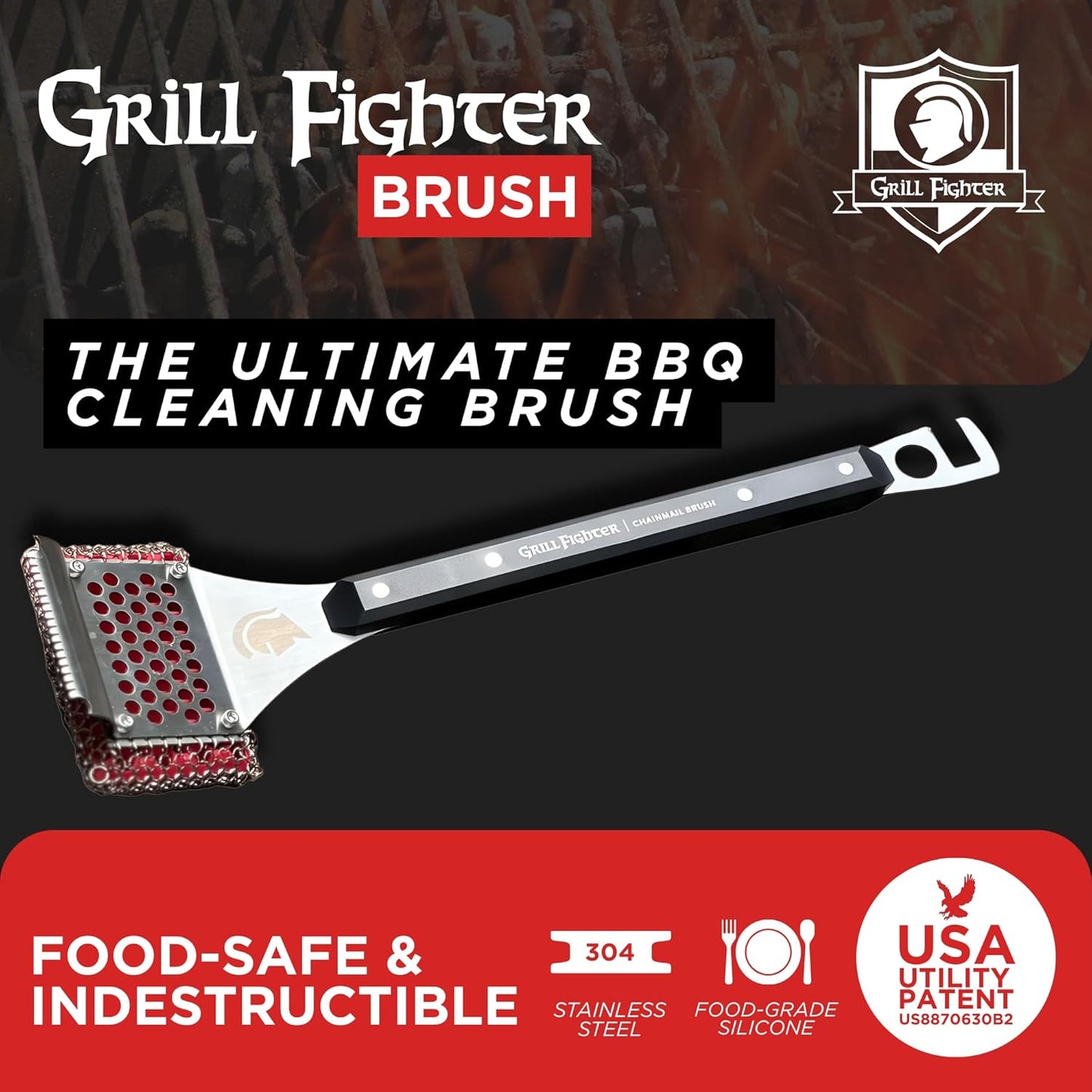 Grill Brush, Steel Bristle-Free BBQ Grill Cleaner with SteelCloth™ Stainless Steel Chainmail, Ergonomic Handle for Cast Iron, Stainless Steel & Porcelain-Coated Grates, 1 Pack