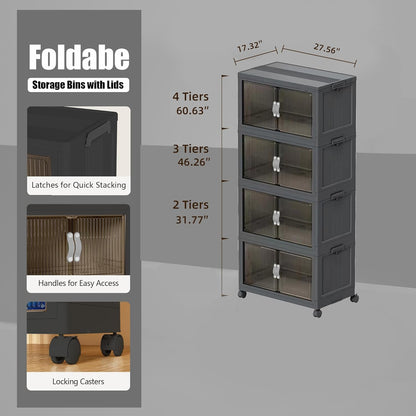 51QT Stackable Storage Bins with Lids & Wheels - Foldable Cabinet Clear Door Plastic Organizer Containers for Home, Garage, Pantry Organization - Collapsible Design Gray 5T