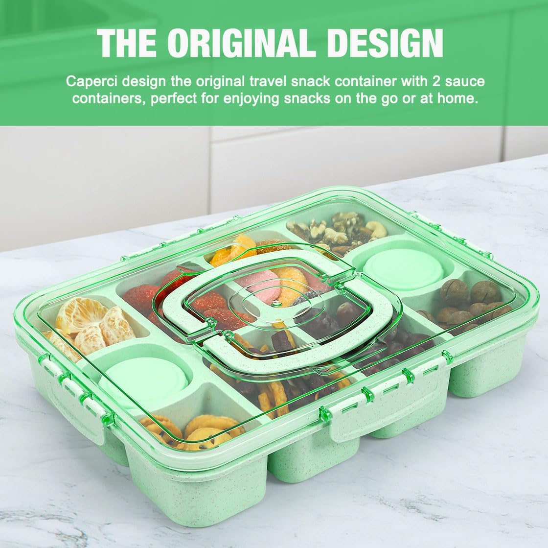 Caperci Snackle Box Container - Large 10-Compartment Divided Serving Tray with Lid and Handle, Built-in 2 Dip Containers, Dishwasher Safe, Leak-Proof, Wheat Straw, BPA-Free (White)