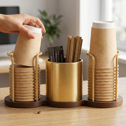 GOYLSER Coffee Station Organizer with Straw & Stirrer Storage Caddy for Cups Lids, Disposable Paper Cup Holder Cup Organizer for Coffee Bar, Office, Home Kitchen, Gold