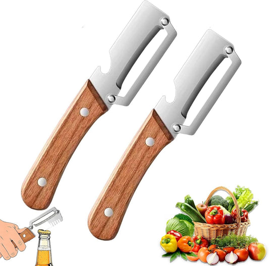 2026 New Utilira 2 PcsMultifunctional Vegetable Julienne Peeler, Kitchen Multi-Function Stainless Steel Thickened Fruit Peeler Knife, With Built-In Bottle Opener For Peeling Fruits, Vegetables