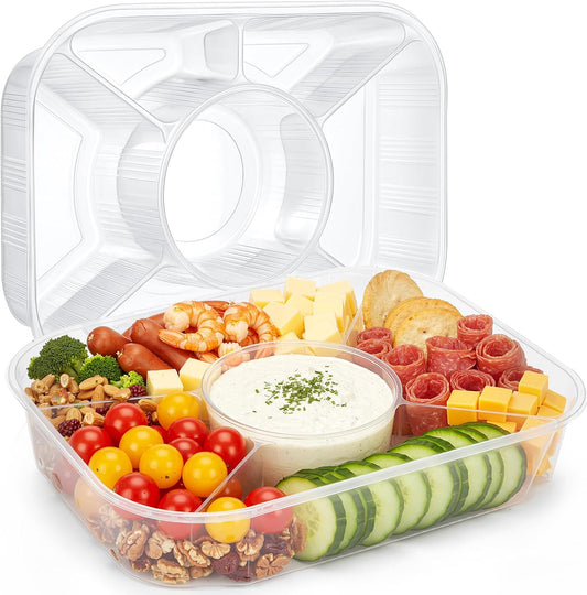 Shellwei 4 Pcs Jumbo Veggie Tray 15.6" x 11.2" x 3" Chip and Dip Platter Nacho Tray Disposable Catering Trays with Lids Divided for Veggie, Charcuterie, Taco, Salad in Party/Buffet/Travel (No Lid)