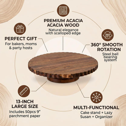 13 Inch Acacia Wood Cake Stand with Lazy Susan - Rotating Cake Turntable for Decorating, Scalloped Wooden Cake Spinner for Wedding, Birthday, Party - Includes 50Pcs 9" Parchment Paper