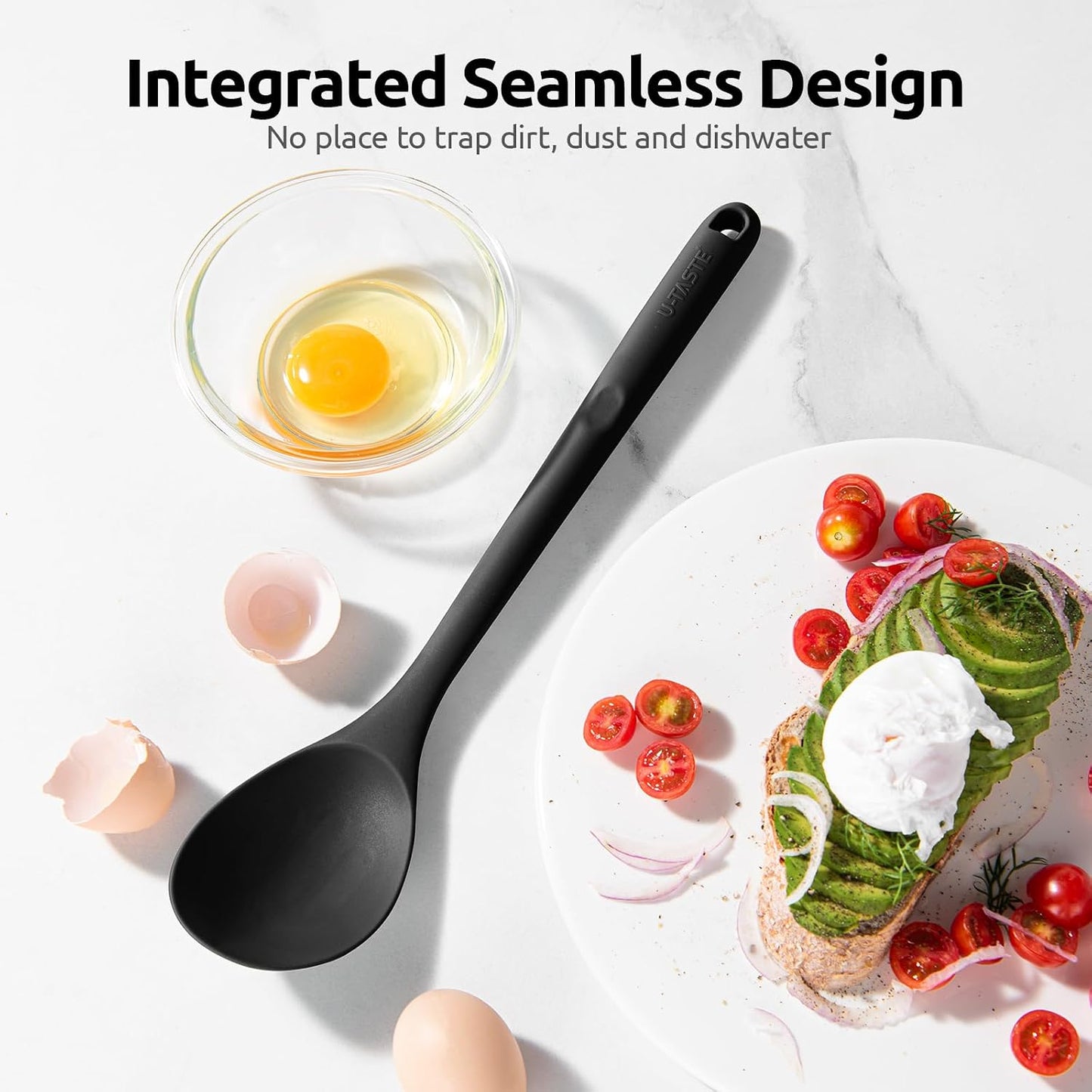 600ºF Heat Resistant Silicone Spoons: U-Taste 13.3in Solid & Slotted Kitchen Cooking Tool, Nonstick Long Rubber Utensil, Sturdy for Mixing, Serving, Stirring, Frying, Basting (Aqua Sky, 2PCS)