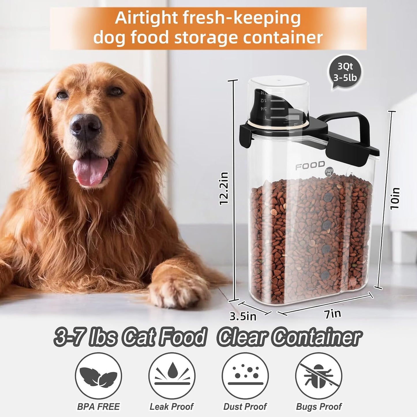 3-5Lbs Small Cat and Dog Food Storage Container BPA Free, Airtight Pet Food Storage Containers with Large Pour Spout/1 Measuring Cup/ 3 Safety Locks and Double-Layer Silicone Strip（Beige 1Pack）
