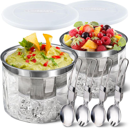 LIMOEASY Chilled Dip Bowl (4 Pack), 25oz Ice Serving Bowl with Lid for Parties, Cold Serving Dish for Hummus, Salsa, Guacamole, Sauces, Pasta