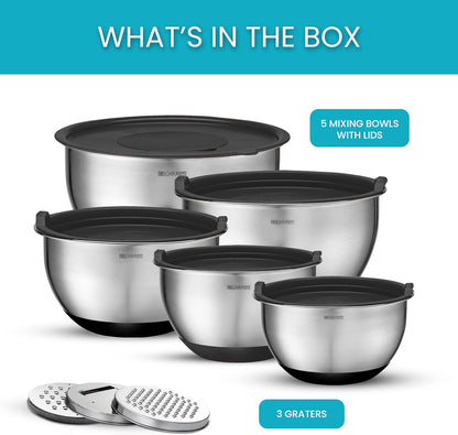Belwares Mixing Bowls with Lids Set of 5 - Stainless Steel Mixing Bowl Set, Kitchen Nesting Metal Bowls with Non Slip Bottoms + 3 Grater Attachments, Airtight Lids, Food Prep + Storage, Matte Black
