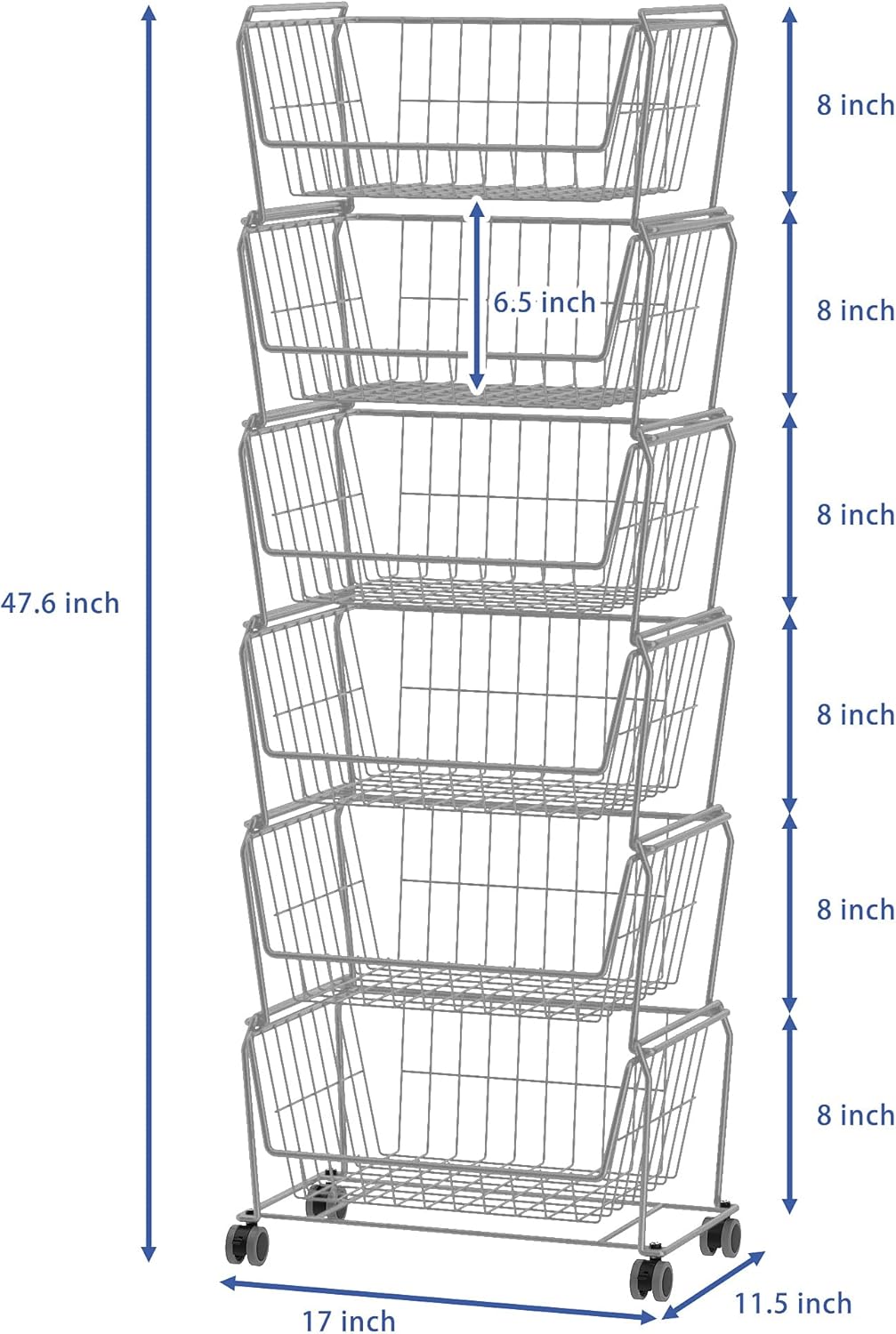 PUSDON 4-Tier Spacious Stackable Wire Storage Baskets with Wheels, Metal Rolling Utility Cart Organizer, Fruit and Vegetable Produce Basket for Kitchen Pantry, Everyday Bathroom Shelf, Silver Grey