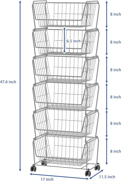 PUSDON 4-Tier Spacious Stackable Wire Storage Baskets with Wheels, Metal Rolling Utility Cart Organizer, Fruit and Vegetable Produce Basket for Kitchen Pantry, Everyday Bathroom Shelf, Silver Grey