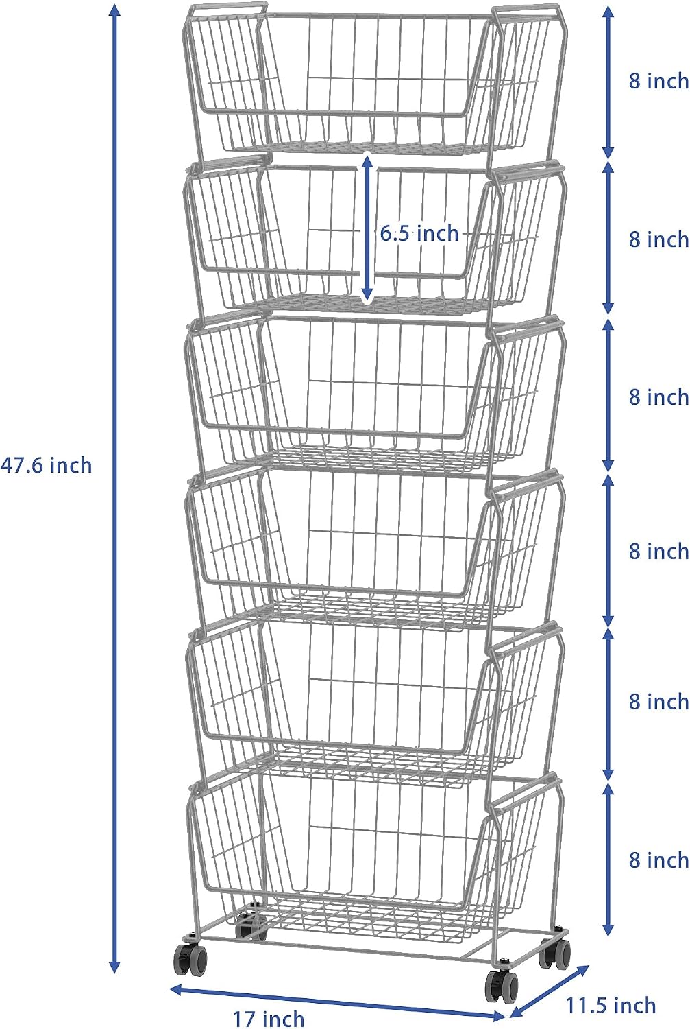 PUSDON 4-Tier Spacious Stackable Wire Storage Baskets with Wheels, Metal Rolling Utility Cart Organizer, Fruit and Vegetable Produce Basket for Kitchen Pantry, Everyday Bathroom Shelf, Silver Grey