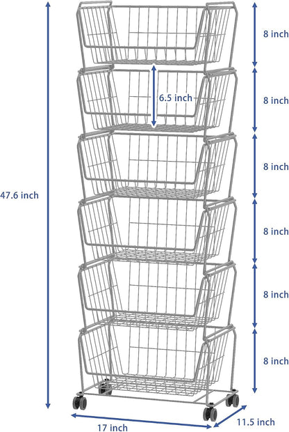 PUSDON 4-Tier Spacious Stackable Wire Storage Baskets with Wheels, Metal Rolling Utility Cart Organizer, Fruit and Vegetable Produce Basket for Kitchen Pantry, Everyday Bathroom Shelf, Silver Grey