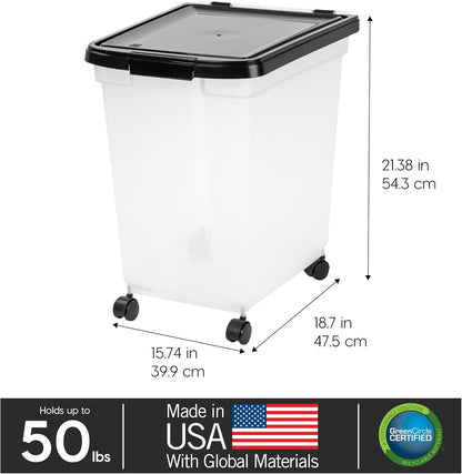 IRIS USA Airtight Dog Food Storage Container, WeatherPro, Up to 25 lbs, Removable Wheels, for Dog Cat Bird and Other Pet Food Storage Bin, Keep Fresh, Translucent Body, Made in USA, Clear/Black