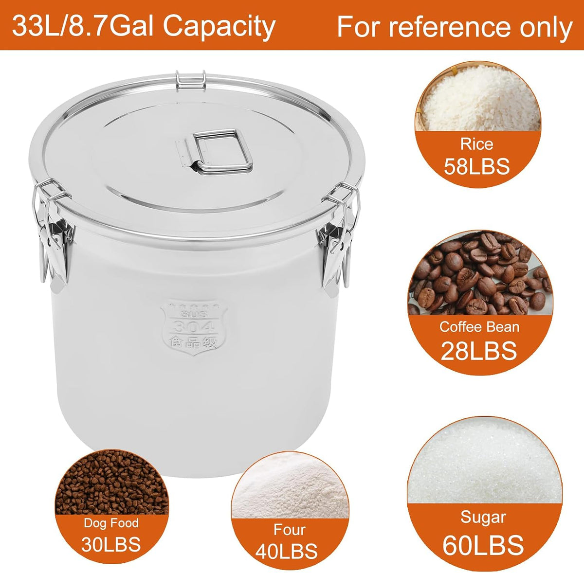 DYNAMI 12.7Gal 304 Stainless Steel Rice Storage Container,Extra Large Food Grade Canister,40-90Lbs Sealed Rice Bucket with Airtight Lid and Locking Buckle,for Rice, Flour, Grain (48L)