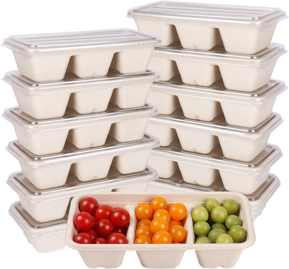 disposable bowls 18 oz 3 compartments with lids Plant Fiber 50 Pack