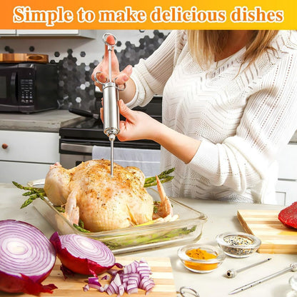 304-Stainless Steel Meat Injector Syringe Kit with 3 Marinade Needles for BBQ Grill Smoker, Turkey, Beef, Brisket, Fish, 2-oz Large Capacity, Silicone Brush and Cleaning Brush
