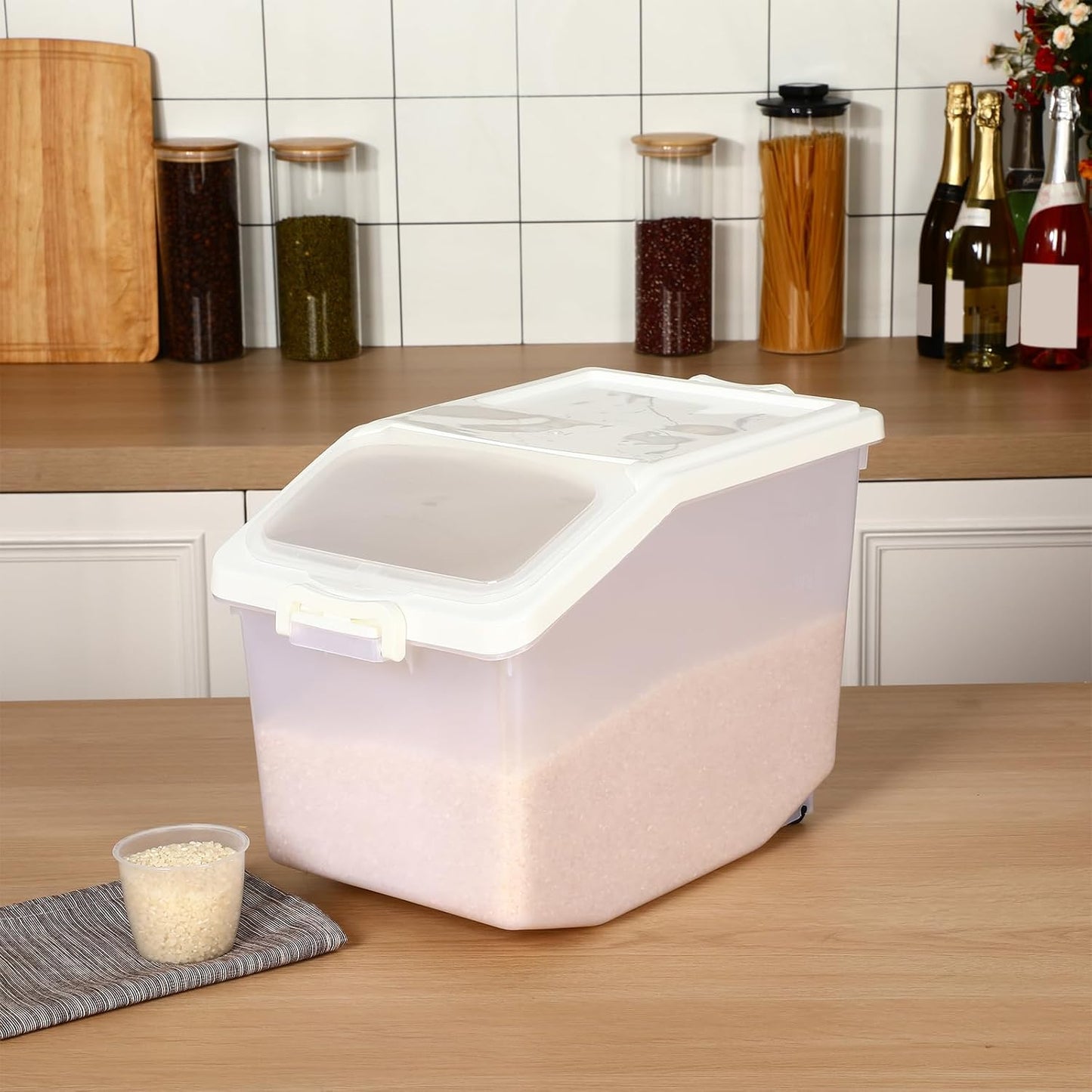 Sunnyray 4 Pcs Rice Storage Container 27.5 lb Airtight Flour Container with Wheels Measuring Cup White Pet Food Dog Cat Birds Food Bin Grain Cereal Organizer Box for Dry Baking Supplies
