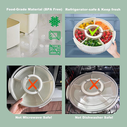 Rotating Divided Serving Tray with Lid and Handle,6 Compartments Snackle Box Container,12" Large Snack Spinner Lazy Susan,Fruit Veggie Tray Portable Round Snack Box Candy Fridge Organizer Platterbox