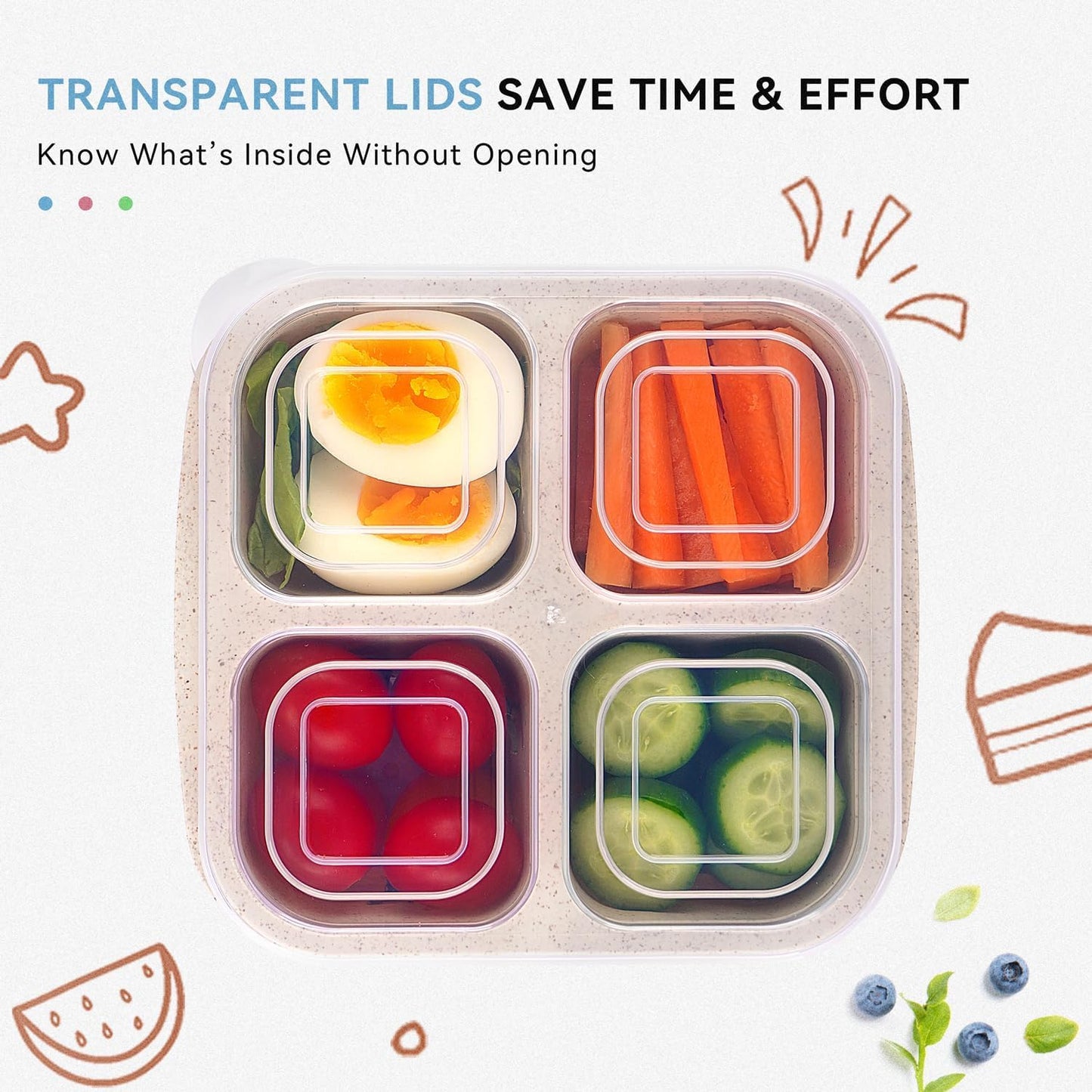 8 Pack Snack Box Container, 4 Compartments Bento Snack Containers for Organized Meal Prep, Reusable Divided Lunch Food Storage Containers for Work, Picnic– Microwave, Dishwasher, Freezer Safe