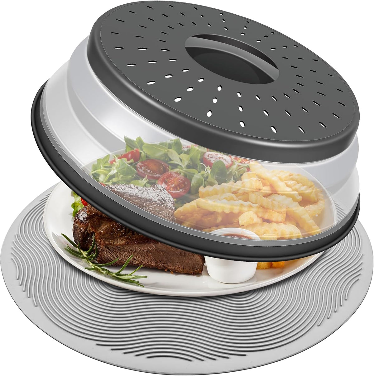 LekDrok 10 Inch Microwave Food Cover & Collapsible Silicone Mat - Splatter Guard, Plate Holder & Kitchen Colander for Meal Prep, Charcoal