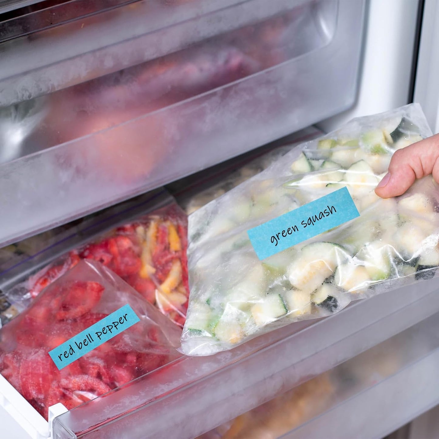 2 Kitchen Freezer Labeling Tapes with 1 Marker Pen, 0.47" x 54 yd Narrow Roll & 0.95" x 54 yd Wide Roll, Waterproof Low Temperature Freezer Marking Tape for Glass Bottle, Storage Container