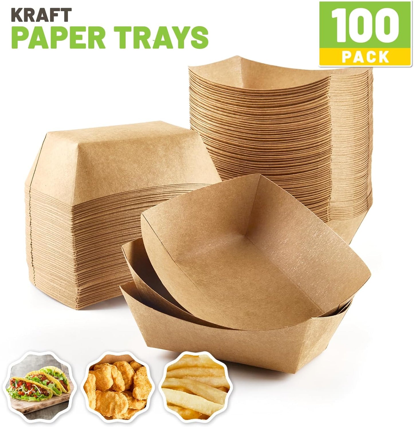 ZORRITA 2 Lb Paper Food Trays - 100 Pack Disposable Nacho Trays Brown Food Boats Take Out Basket Holders for Serving Party Snacks Hot Dogs Tacos Fries