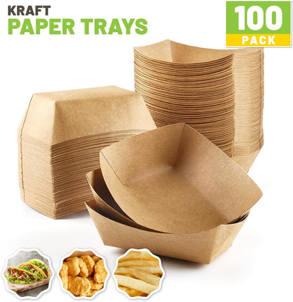 ZORRITA 2 Lb Paper Food Trays - 100 Pack Disposable Nacho Trays Brown Food Boats Take Out Basket Holders for Serving Party Snacks Hot Dogs Tacos Fries