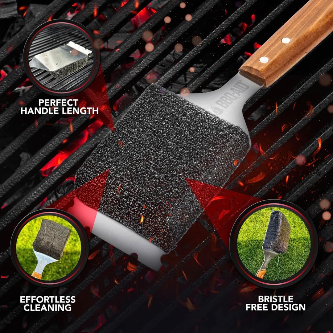 BBQ-AID Bristle Free Grill Brush and Scraper for Barbecue - Extended Large Wooden Handle with Replaceable Head - No Scratch BBQ Cleaning Accessories for Outdoor Grills
