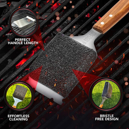 BBQ-AID Bristle Free Grill Brush and Scraper for Barbecue - Extended Large Wooden Handle with Replaceable Head - No Scratch BBQ Cleaning Accessories for Outdoor Grills