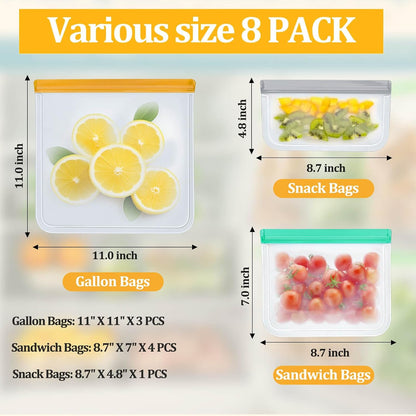 28 Pack Reusable Freezer Bags Food Storage Bags, BPA Free Reusable Bags, Food Storage Containers for Meal Prep Containers, Salad Fruit,Vegetables, Dishwasher Safe, 8 Gallon 10 Sandwich 10 Snack