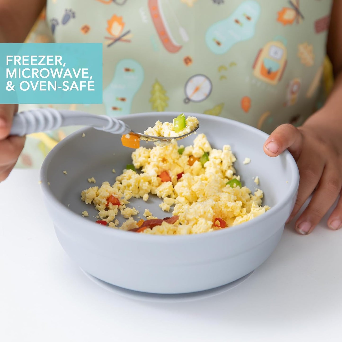 Bumkins Baby Bowl, Silicone Suction, for Babies, Toddlers and Kids, Baby Led Weaning, Feeding Essentials, Platinum Silicone, Non Skid Sticky Bottom, Supplies for Children Ages 6 Months Up, Gray