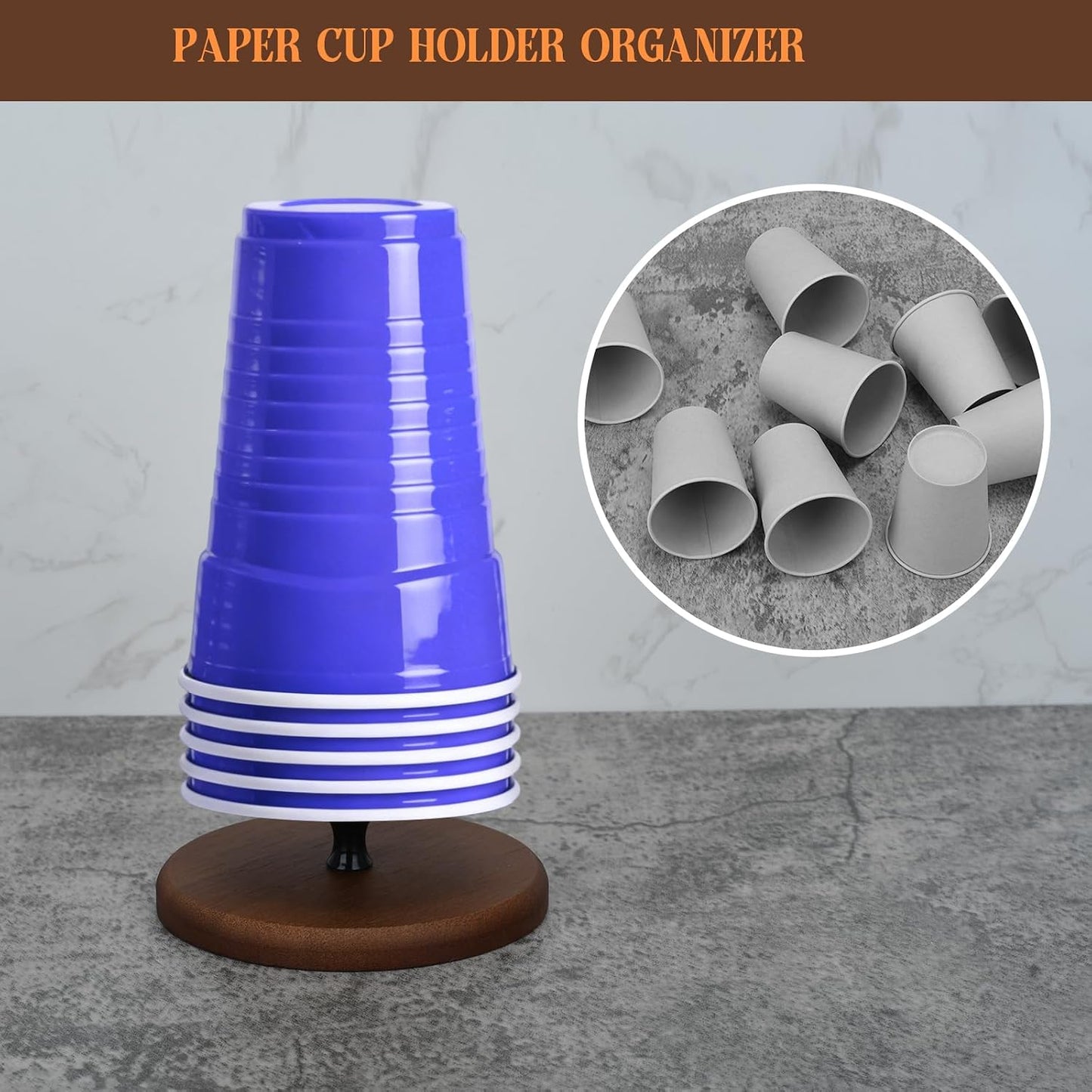 Paper Cup Dispenser and Lid Organizer, Double Compartment Storage Holder for 8oz Coffee Cups, Bathroom, Coffee Station (Brown 2)