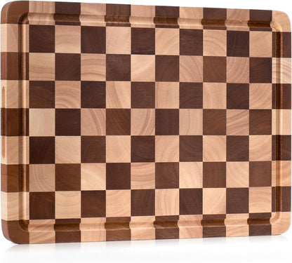 Cutting Board Set of 2 – Checkered Wood & Acrylic Cutting Board with Counter Lip for Kitchen Counter, Wood Checkerboard Chopping Board with Juice Grooves for Vegetables, Fruits, Meat