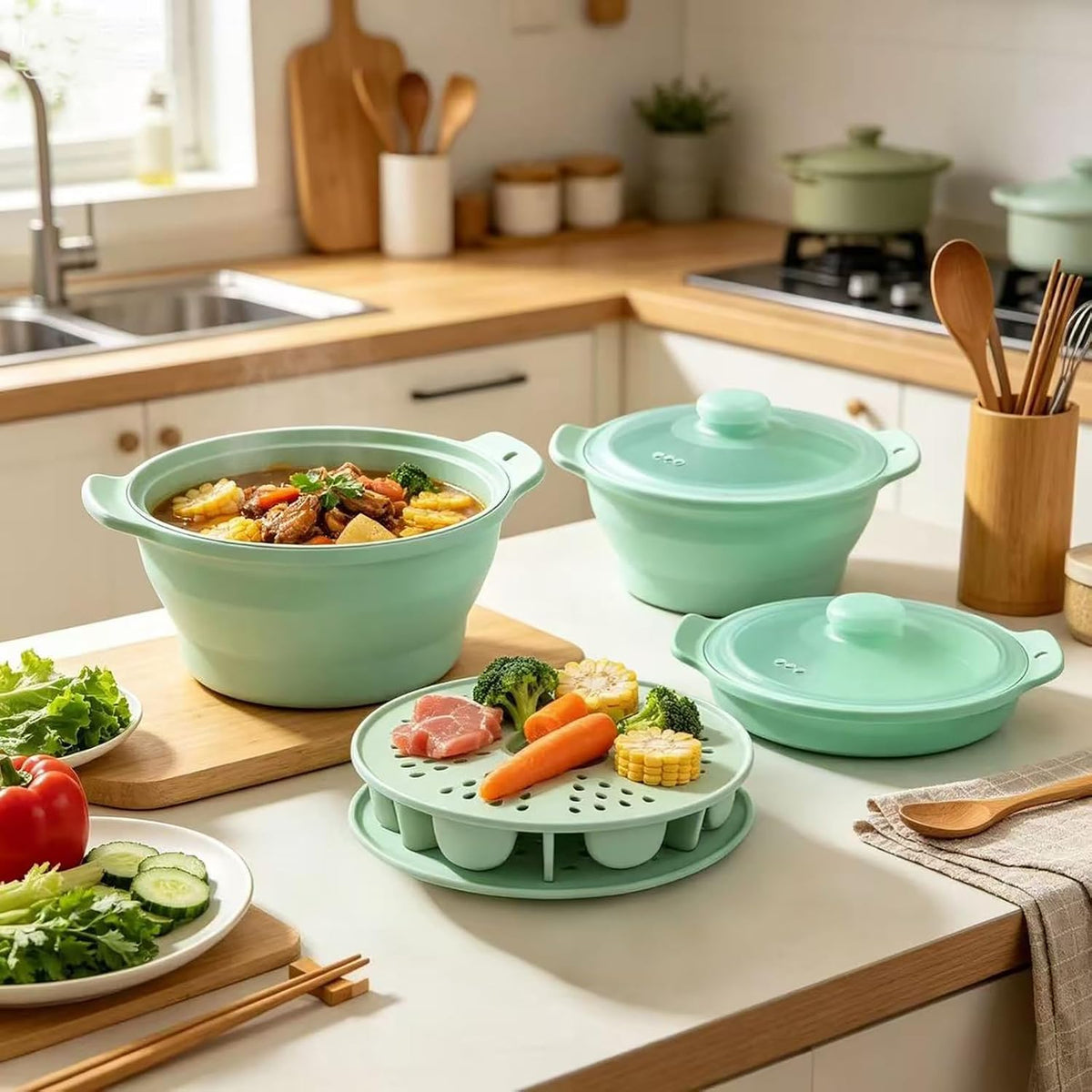 Collapsible Silicone Microwave Vegetable Steamer with Removable Steam Rack,42oz Heat-Resistant Cooker with Steam Holes,Easy to Store Freezer Dishwasher Safe,BPA Free (Grey)