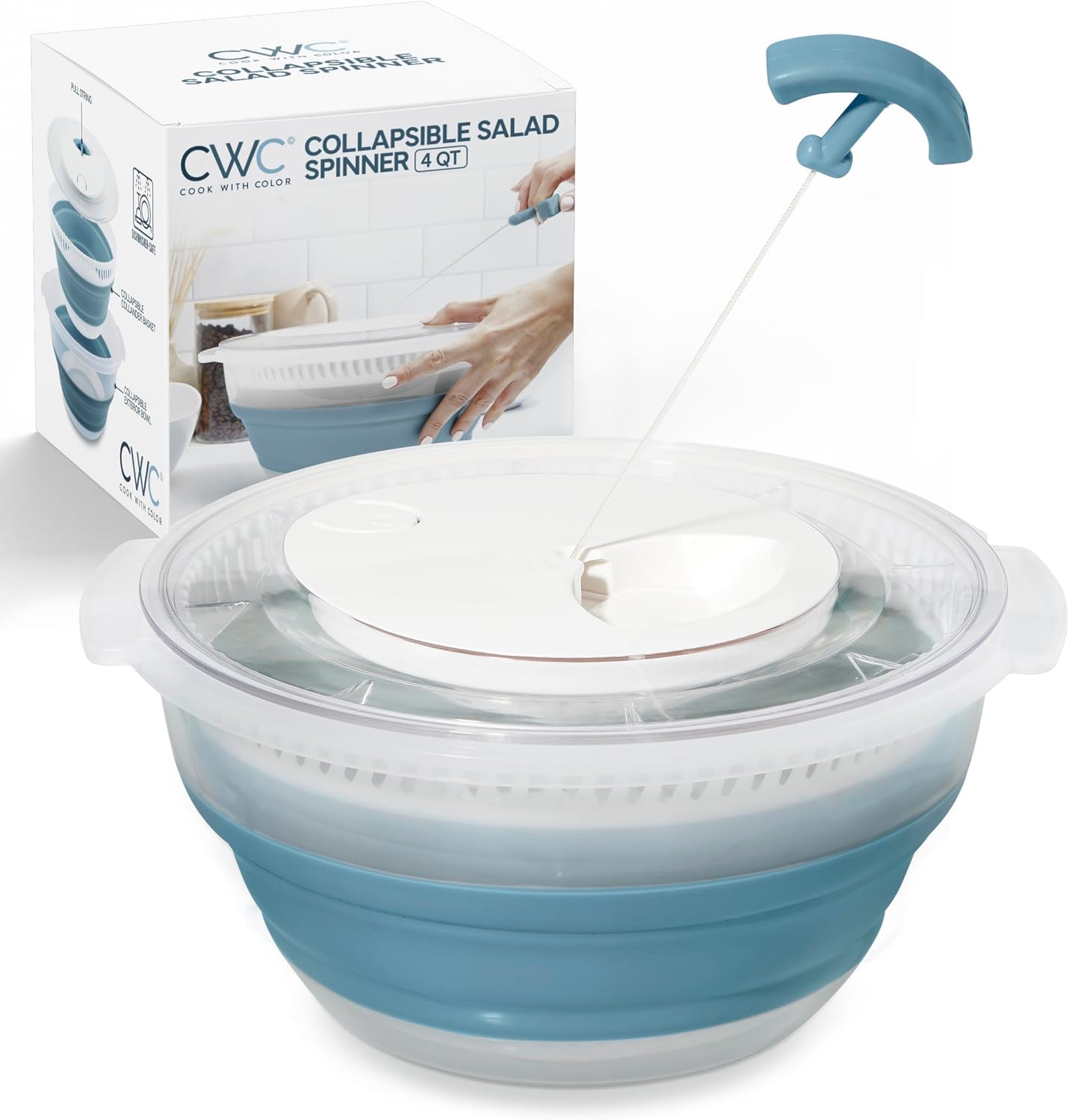 COOK WITH COLOR Collapsible Salad Spinner - 4 QT Space Saving Lettuce Dryer with Folding Collapsible Colander Great for Washing and Drying Fruit and Vegetables (Grey)