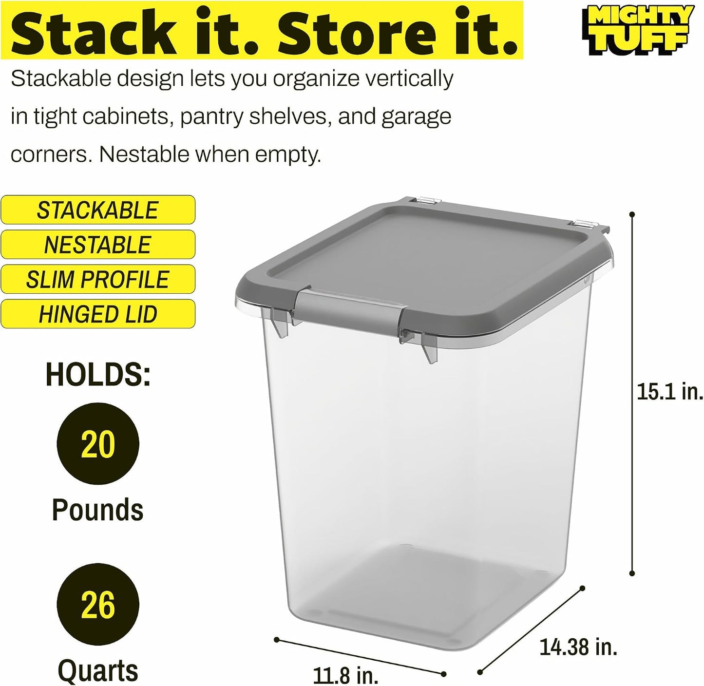 Mighty Tuff 20 lb Dog Food Container, Cat Food Storage Bin Airtight with Stainless Steel Latch, Clear Plastic Pet Container with Lid for Kitchen Pantry Organization