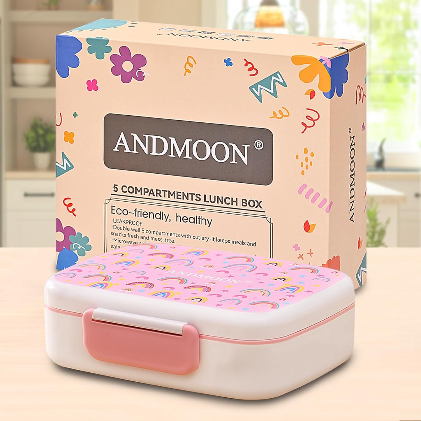 Bento Box for Kids Lunch Box Leak-Proof, Bento Lunch Box with 5 Compartments, Lunch Containers with 3 Silicone Baking Cups, Microwave/Dishwasher Safe (43OZ) (Pink with snack cup)