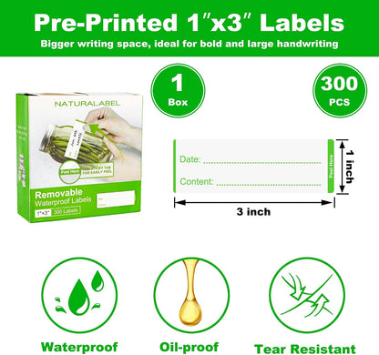 NATURALABEL 300 PCS Removable Freezer Labels with Dispenser - 1" x 3" Food Labels for Meal Prep Containers, Easy Peel-Off Design, No Residue (Green)