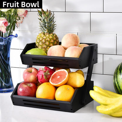 VIKEYHOME Fruit Basket, 2 Tier Bamboo Fruit Basket for Kitchen, 11" Tall Fruit Stand Storage Holder, Heavy Duty/Large Capacity for Vegetables, Fruit, and Snack, 15 mm Thickness (Self-assembly)