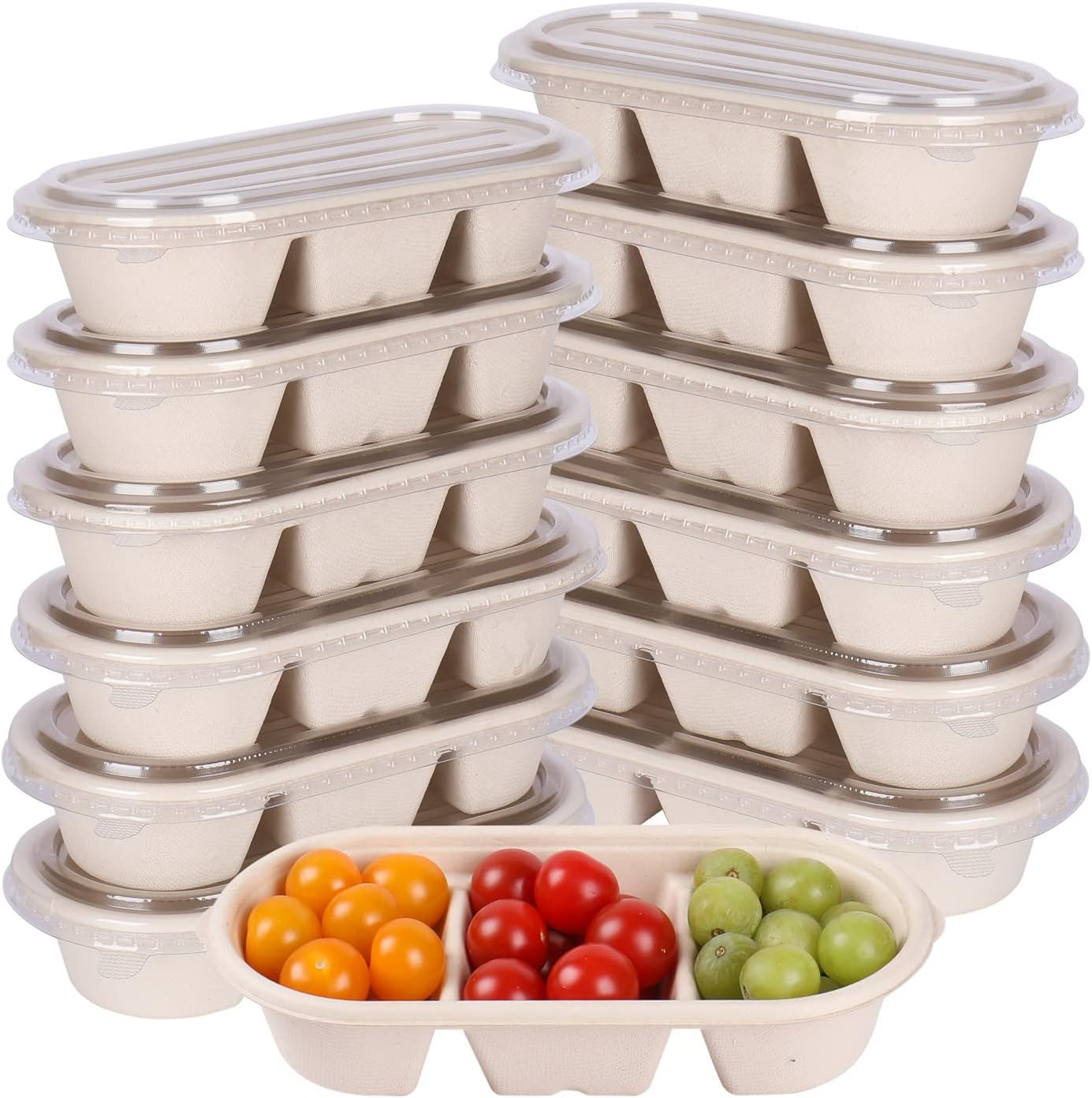 disposable bowls 18 oz 3 compartments with lids Plant Fiber 50 Pack