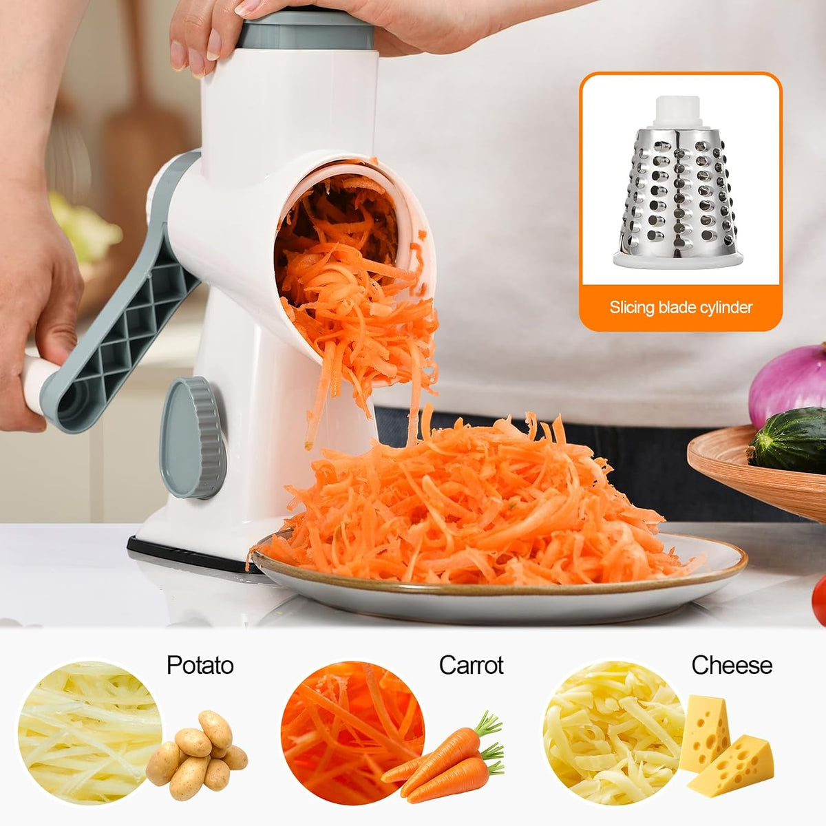 Rotary Cheese Grater Manual Hand Crank 3-in-1 Vegetable Shredde