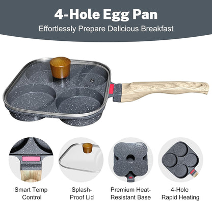 Ywmoml 4‑Cup Nonstick Egg Pan Set with Lid, Includes Silicone Scraper, Oil Brush, Chopsticks & Cleaning Cloth – Compatible with Gas & Induction Cooktops