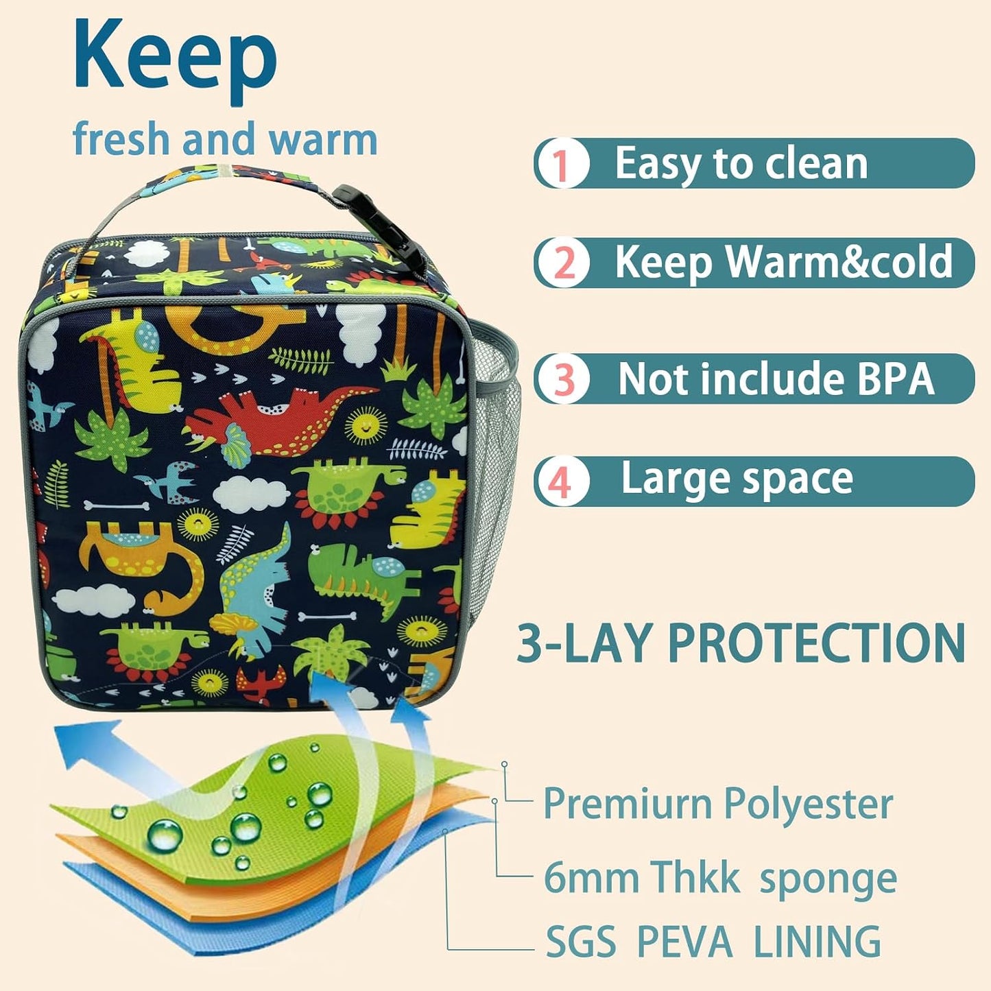 Kulle Astronaut Lunch Box for Boys, Insulated Kids Lunch Bag with Freezable Compartment, Thermal Reusable Lunchbox for School, Outdoor, Daycare - Space Theme Design
