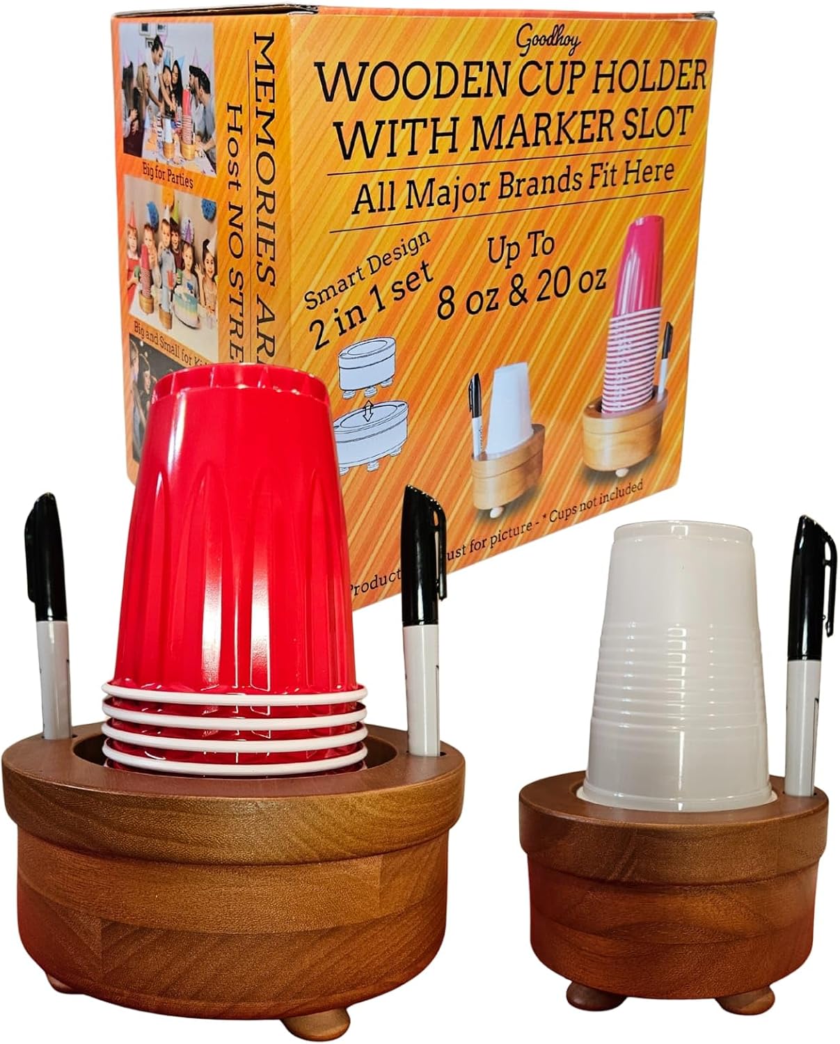Party Cup Holder with Marker Slots | Drink Organizer for Birthdays, Festive Events, BBQs & Holiday Gatherings | Hosting Essentials for Plastic Cups | Wood Design Two in One (Brown Rustic)