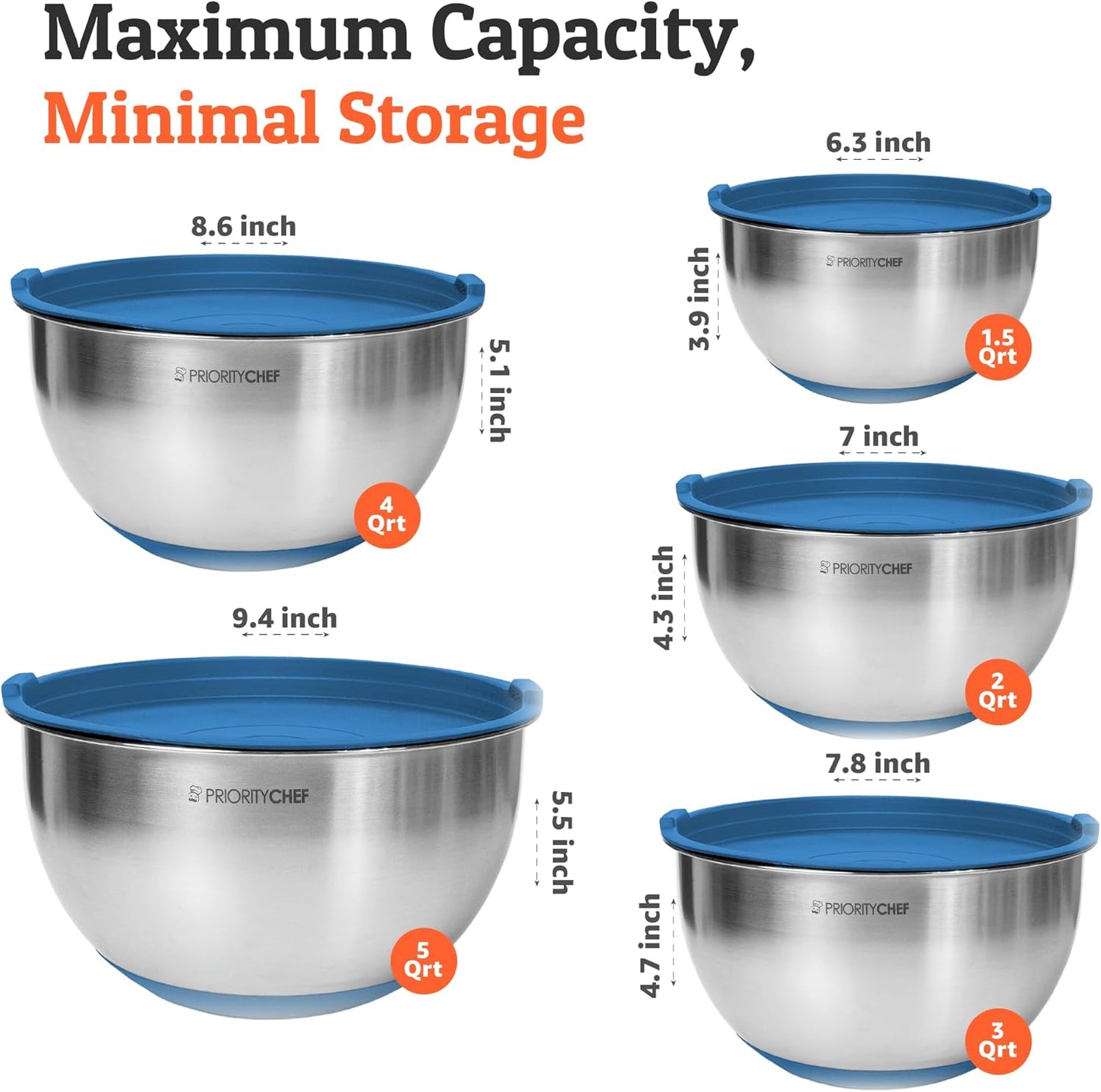 Priority Chef Premium Mixing Bowls With Lids Set, Airtight Lids, Thicker Stainless Steel, Non-Slip Base, 5 Nesting Steel Bowls for Kitchen, Large Prep Metal Bowl Set 1.5/2/3/4/5 Qt, Black