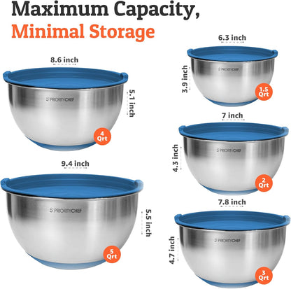 Priority Chef Premium Mixing Bowls With Lids Set, Airtight Lids, Thicker Stainless Steel, Non-Slip Base, 5 Nesting Steel Bowls for Kitchen, Large Prep Metal Bowl Set 1.5/2/3/4/5 Qt, Black