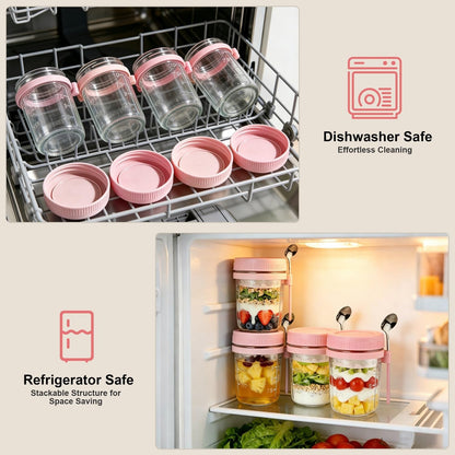 Overnight Oats Containers with Lids and Spoons - 4 Pack 16 oz Glass Mason Jars with Separate Compartments Airtight Overnight Oat Jars Leakproof Yogurt Parfait Cup for Oatmeal Chia Pudding Cereal Salad