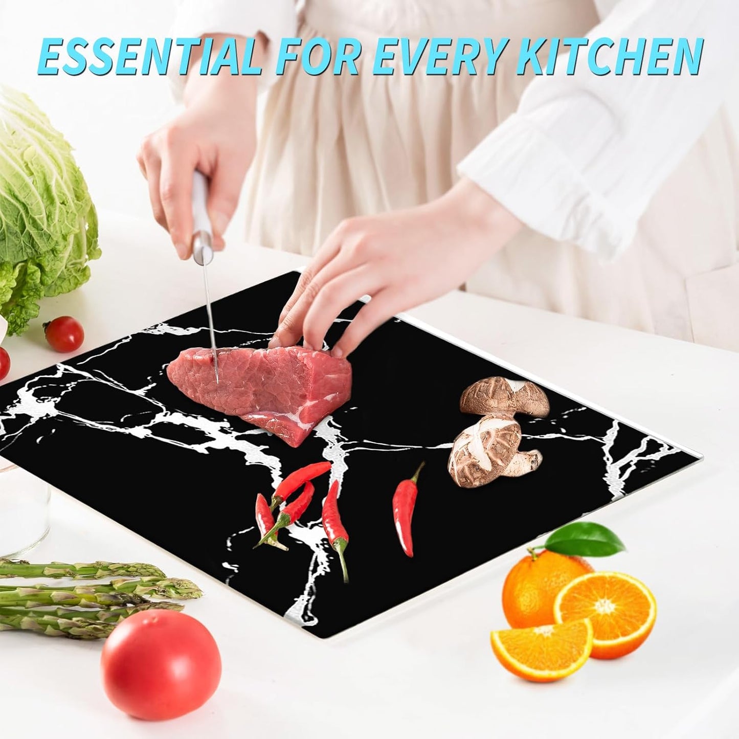 VASUHOME Tempered Glass Cutting Board Set of 2-16x12 inch Marble Pattern Cutting Board for Kitchen Counter - Scratch, Heat, Shatter Resistant and Easy to Clean- Black and Clear