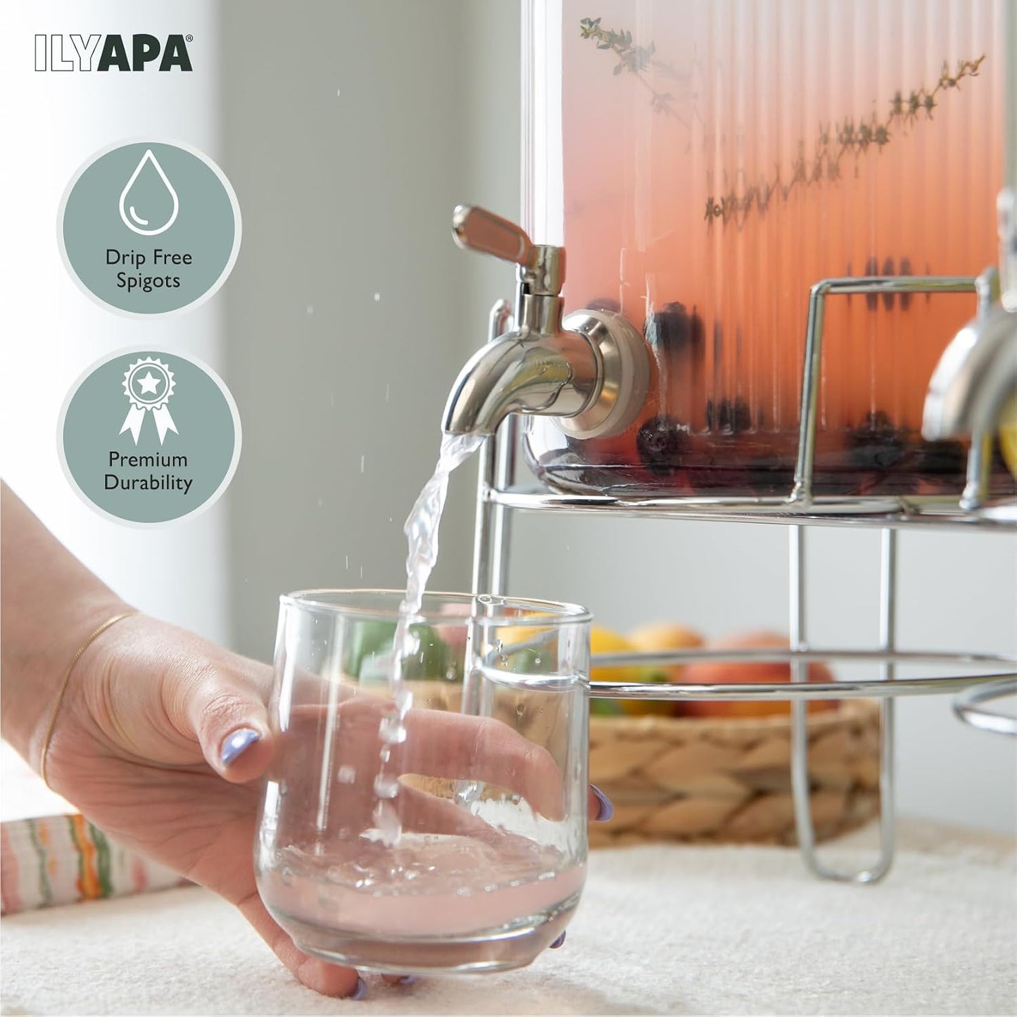 Ilyapa Glass Drink Dispensers for Parties with Stand - 2 Pack, 2 Gallon Double Beverage Dispenser with Wood Tops & Black Stainless Spigots
