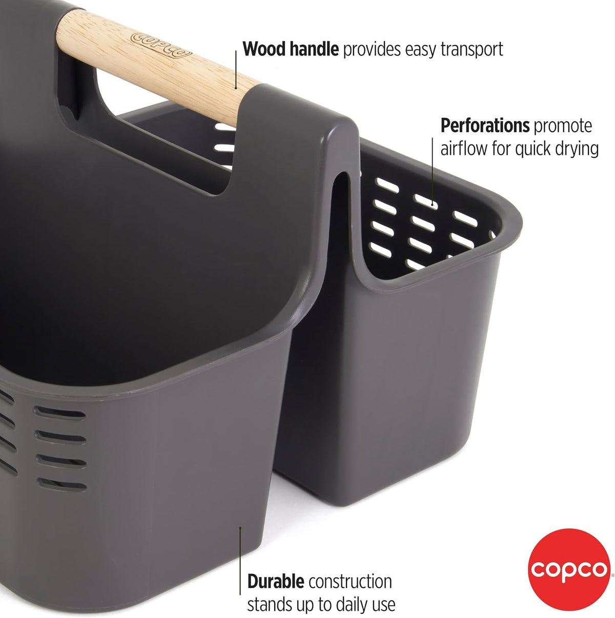 Copco Basics Bathroom and Shower Caddy with Wooden Handle - Charcoal Gray, Dual Compartment Organizer with Ventilation Holes, Portable Tote for Dorm, Home, and Travel Toiletries